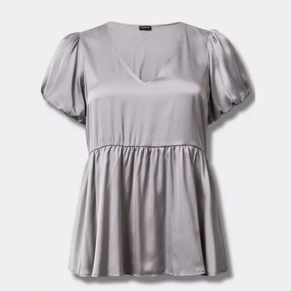 Torrid‎ Silver Satin V-Neck Puff Sleeve Short Sleeve Blouse Womens 4X Top Party - Picture 3 of 11